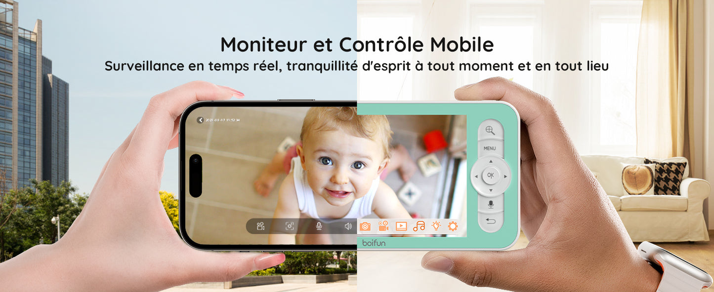 Camara monitor de bebés inteligente BOIFUN 2K de 5", rotación 360° con app, luces nocturnas de colores, monitoreo de movimiento y seguimiento automático.