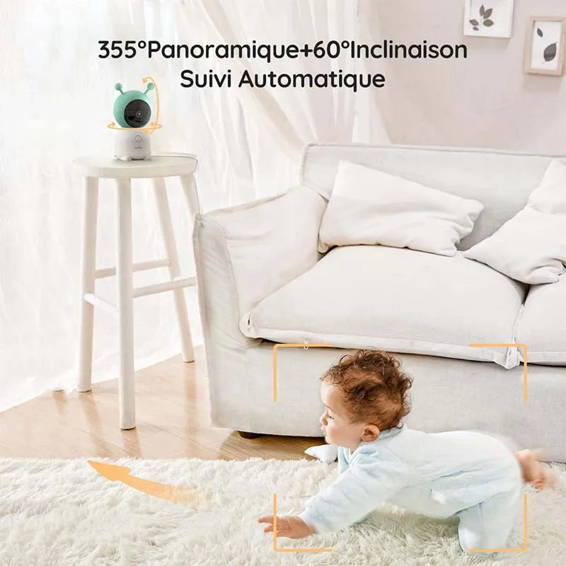 Camara monitor de bebés inteligente BOIFUN 2K de 5", rotación 360° con app, luces nocturnas de colores, monitoreo de movimiento y seguimiento automático.