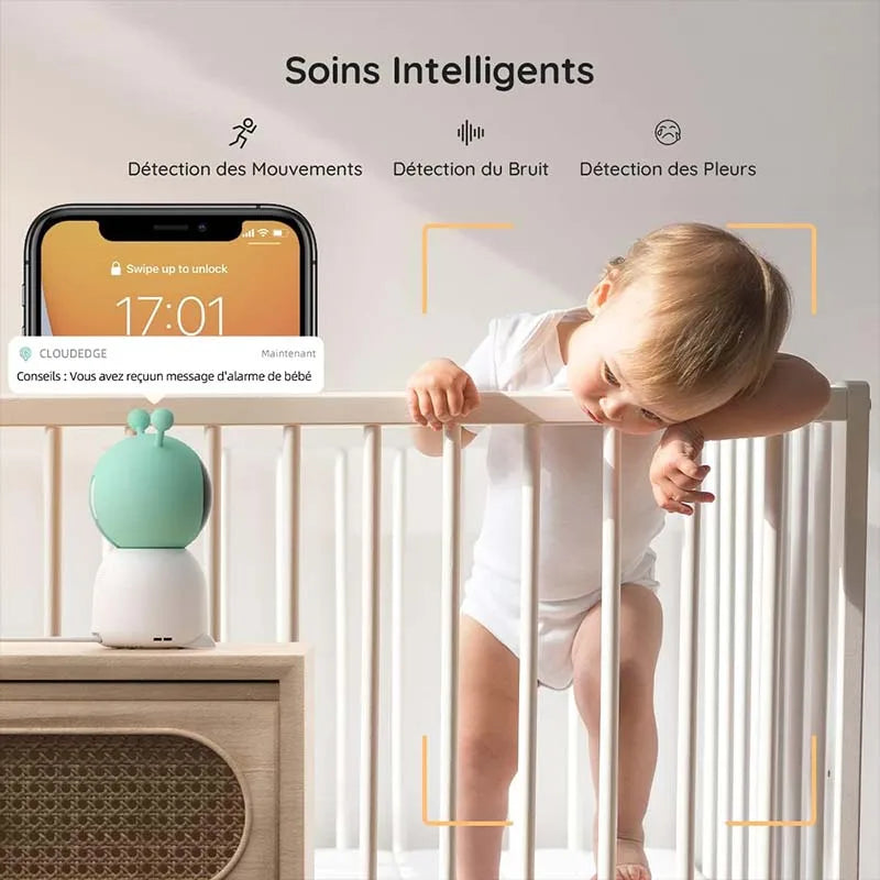 Camara monitor de bebés inteligente BOIFUN 2K de 5", rotación 360° con app, luces nocturnas de colores, monitoreo de movimiento y seguimiento automático.