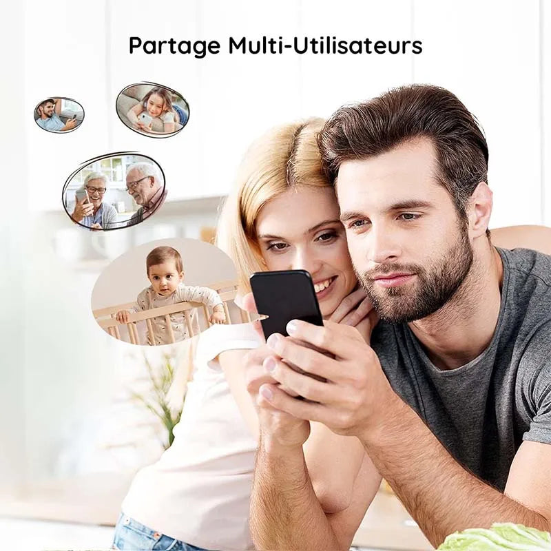 Camara monitor de bebés inteligente BOIFUN 2K de 5", rotación 360° con app, luces nocturnas de colores, monitoreo de movimiento y seguimiento automático.