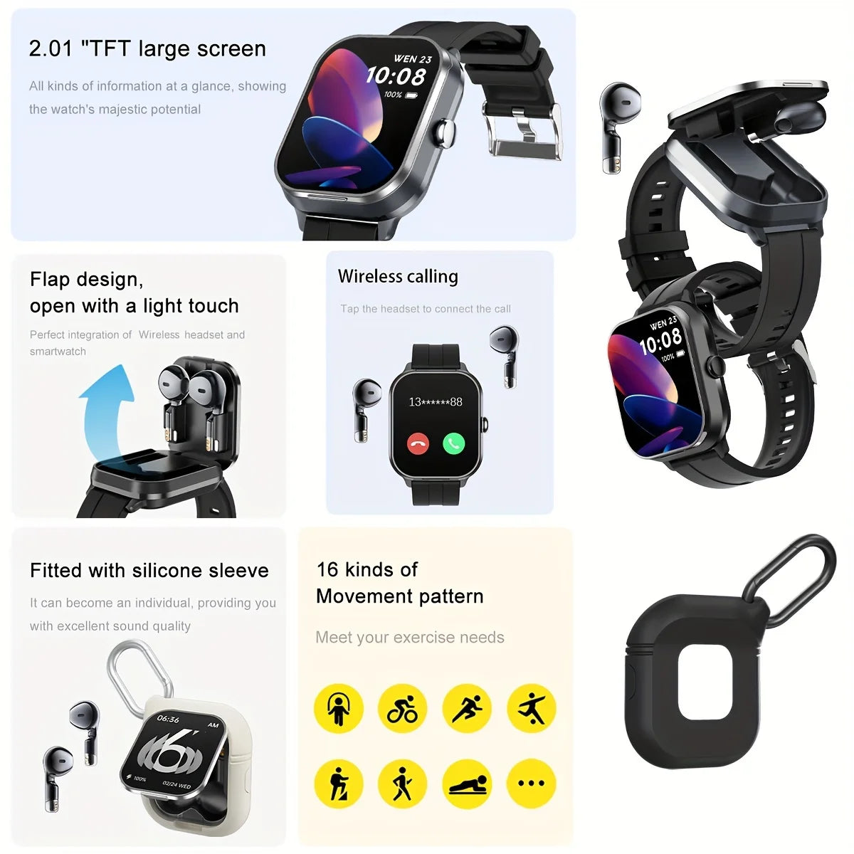 Reloj inteligente deportivo con monitor de frecuencia cardíaca y auriculares Bluetooth.