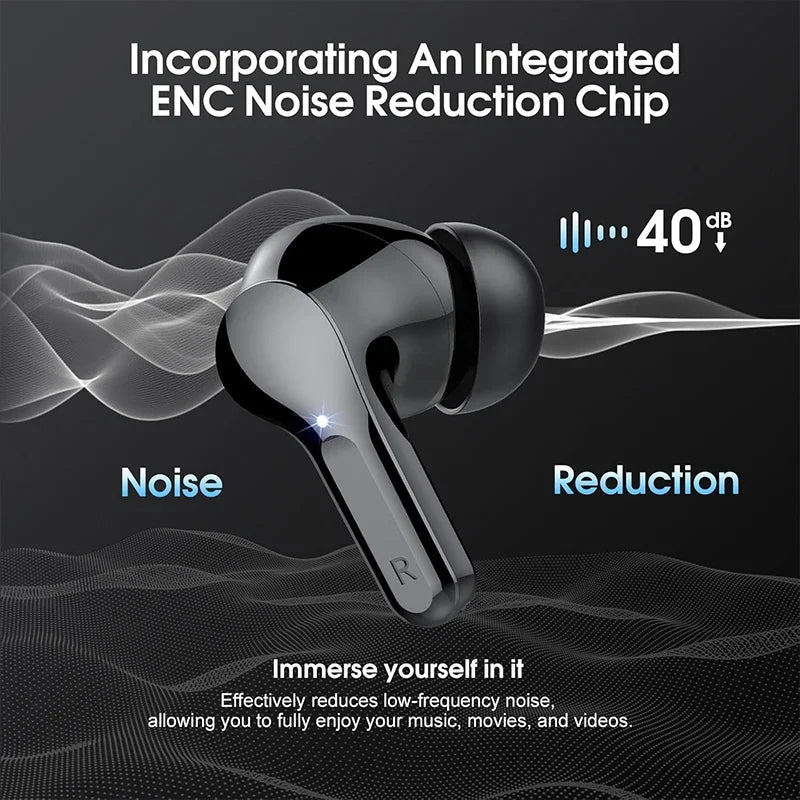 Auriculares inalámbricos estéreo con cancelación de ruido, pantalla LED, resistentes al agua.