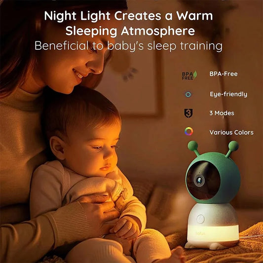 Camara monitor de bebés inteligente BOIFUN 2K de 5", rotación 360° con app, luces nocturnas de colores, monitoreo de movimiento y seguimiento automático.