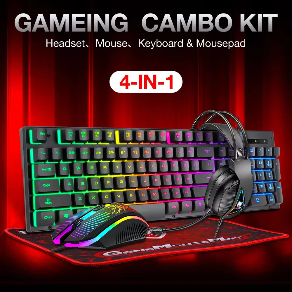 Conjunto 4 en 1 para computadora, teclado, ratón, auriculares para juegos, alfombrilla de ratón.