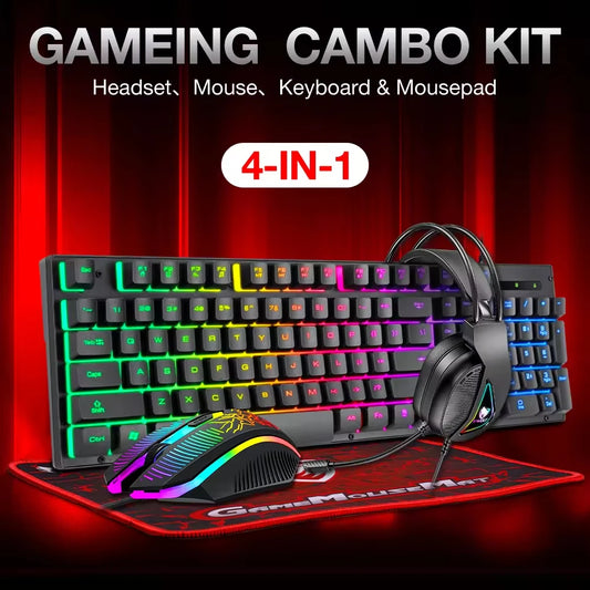 Conjunto 4 en 1 para computadora, teclado, ratón, auriculares para juegos, alfombrilla de ratón.
