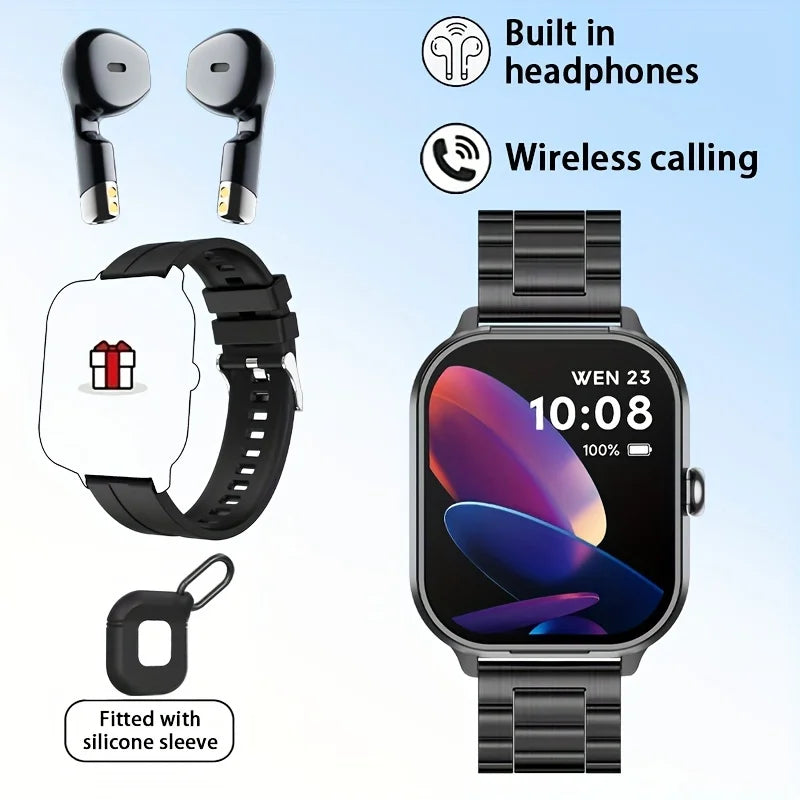 Reloj inteligente deportivo con monitor de frecuencia cardíaca y auriculares Bluetooth.