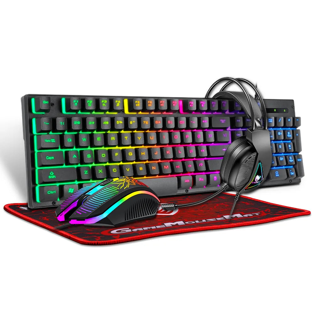 Conjunto 4 en 1 para computadora, teclado, ratón, auriculares para juegos, alfombrilla de ratón.