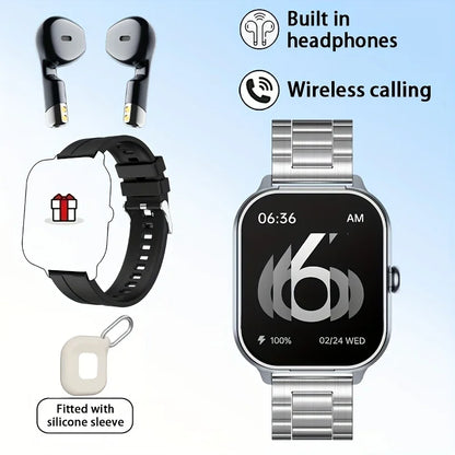 Reloj inteligente deportivo con monitor de frecuencia cardíaca y auriculares Bluetooth.