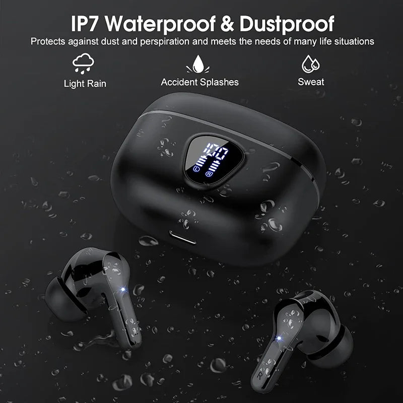 Auriculares inalámbricos estéreo con cancelación de ruido, pantalla LED, resistentes al agua.