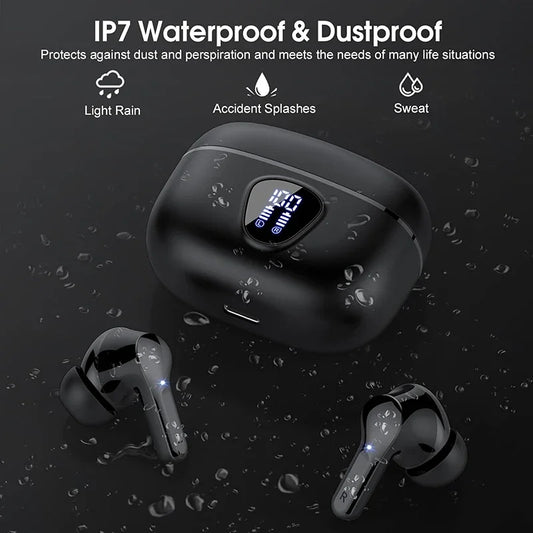 Auriculares inalámbricos estéreo con cancelación de ruido, pantalla LED, resistentes al agua.