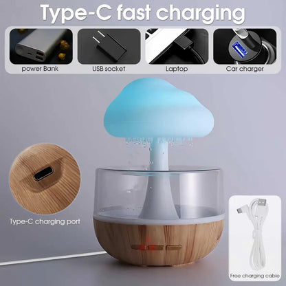 Humidificador efecto lluvia en forma de nube, luz nocturna, aromaterapia