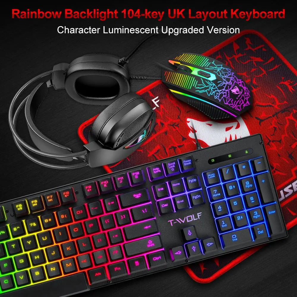 Conjunto 4 en 1 para computadora, teclado, ratón, auriculares para juegos, alfombrilla de ratón.