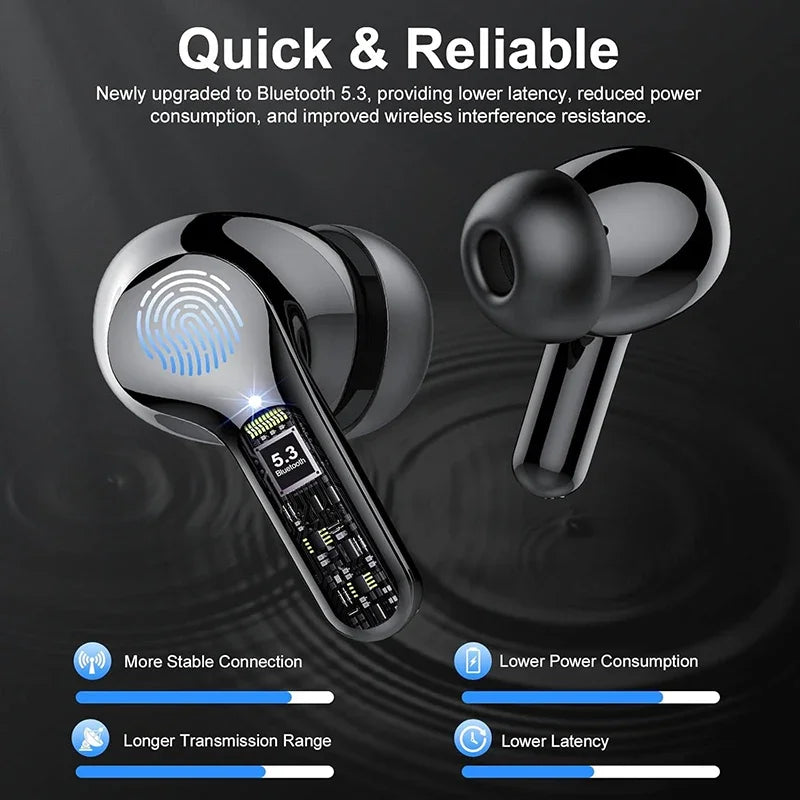 Auriculares inalámbricos estéreo con cancelación de ruido, pantalla LED, resistentes al agua.