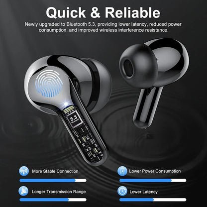 Auriculares inalámbricos estéreo con cancelación de ruido, pantalla LED, resistentes al agua.