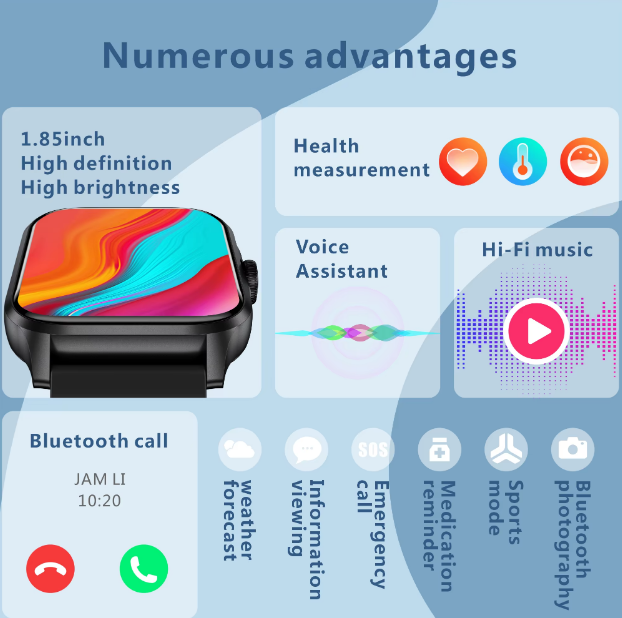 Relojes inteligentes fitness Bluetooth con asistente de voz IA.