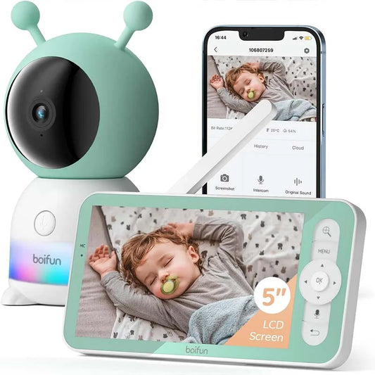 Camara monitor de bebés inteligente BOIFUN 2K de 5", rotación 360° con app, luces nocturnas de colores, monitoreo de movimiento y seguimiento automático.