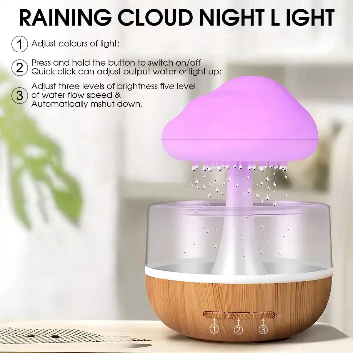 Humidificador efecto lluvia en forma de nube, luz nocturna, aromaterapia