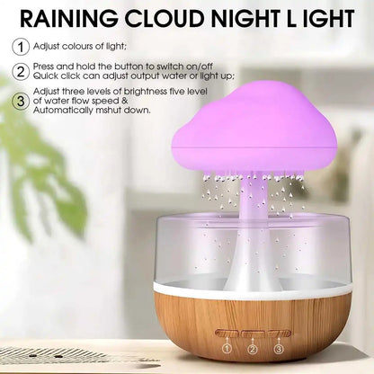 Humidificador efecto lluvia en forma de nube, luz nocturna, aromaterapia